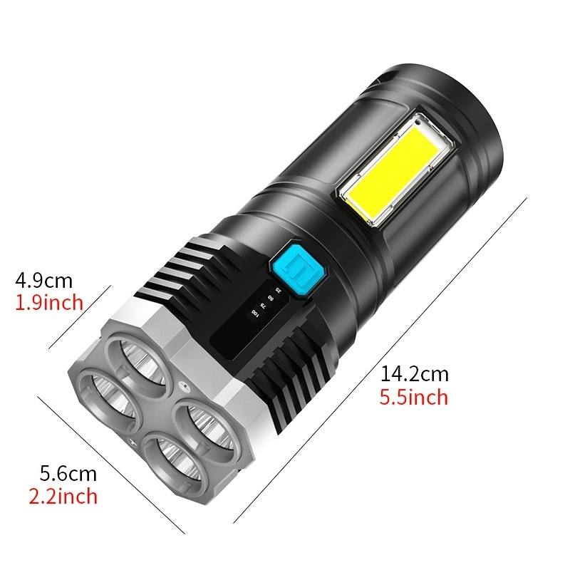 1pc led flashlight powerful 4 led flashlight with cob side light 4 modes usb rechargeable led torch waterproof built in battery flashlight camping tool details 2