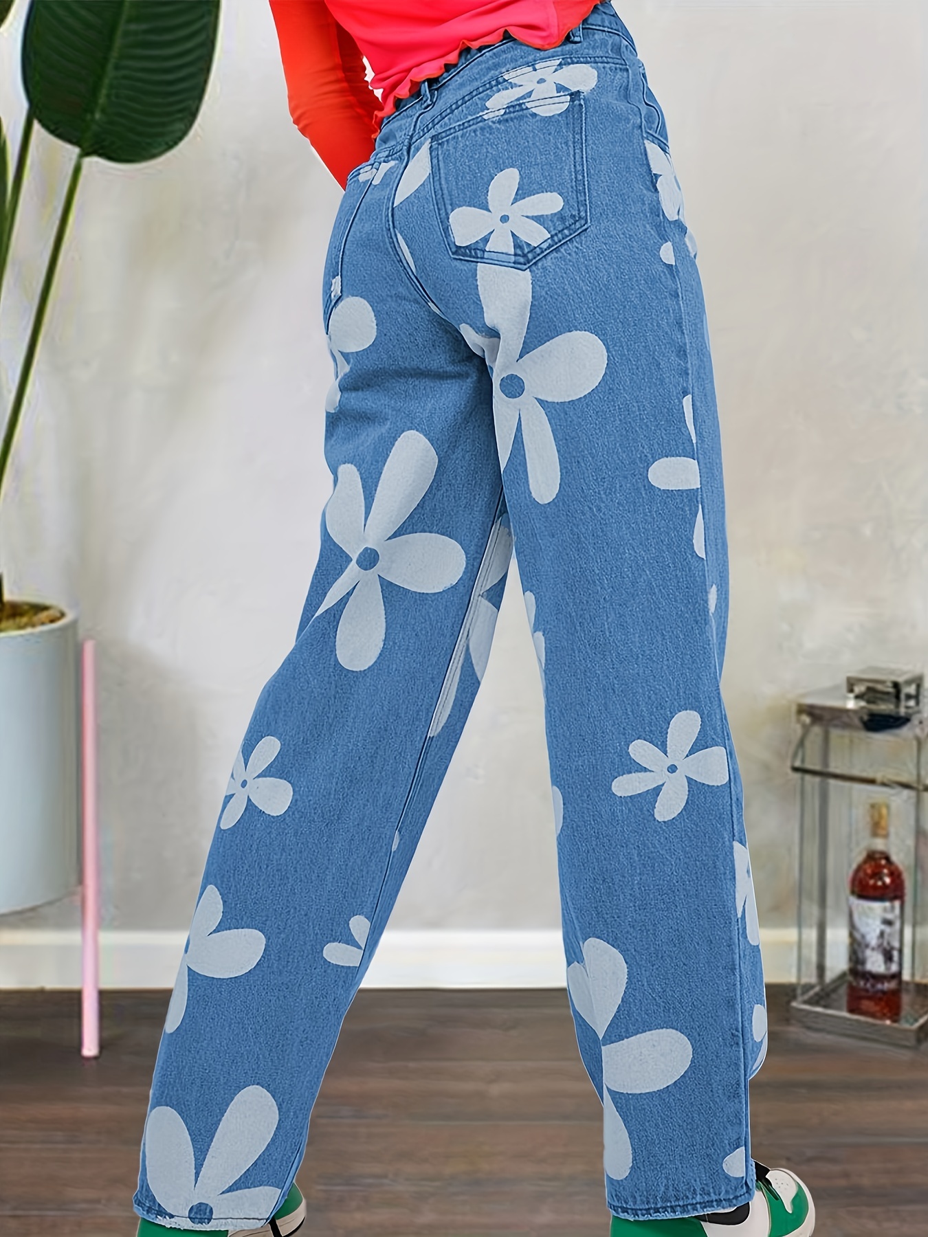 Jeans Rectos De Ajuste Holgado * Bolsillos Con Corte Floral Bordado  Pantalones Vaqueros Casuales, Ropa De Mujer De Mezclilla Y Ropa