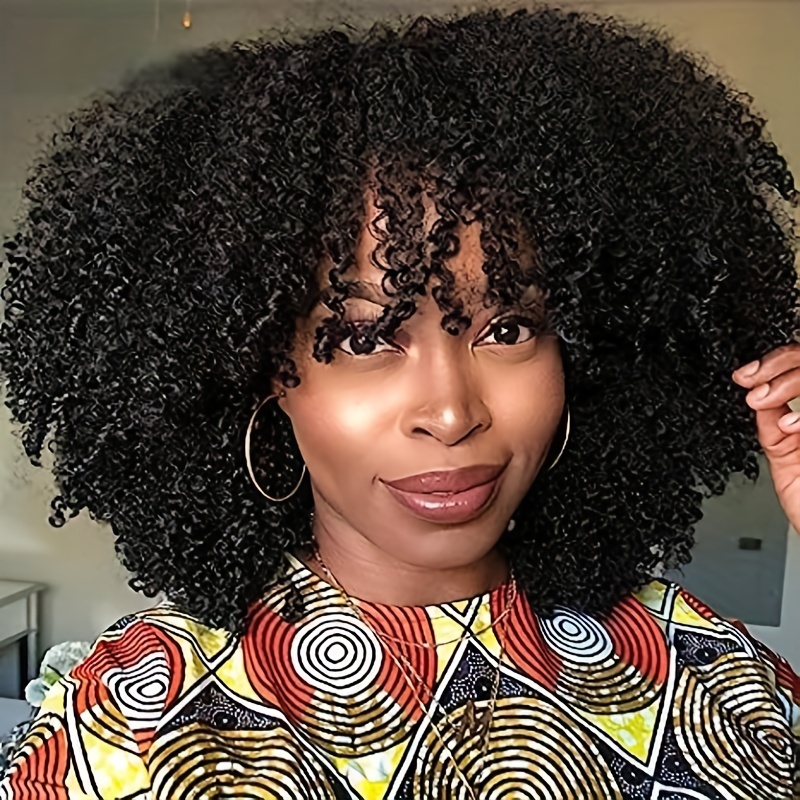 Kinky Curly Human Hair Wig, 250 Density with Bangs