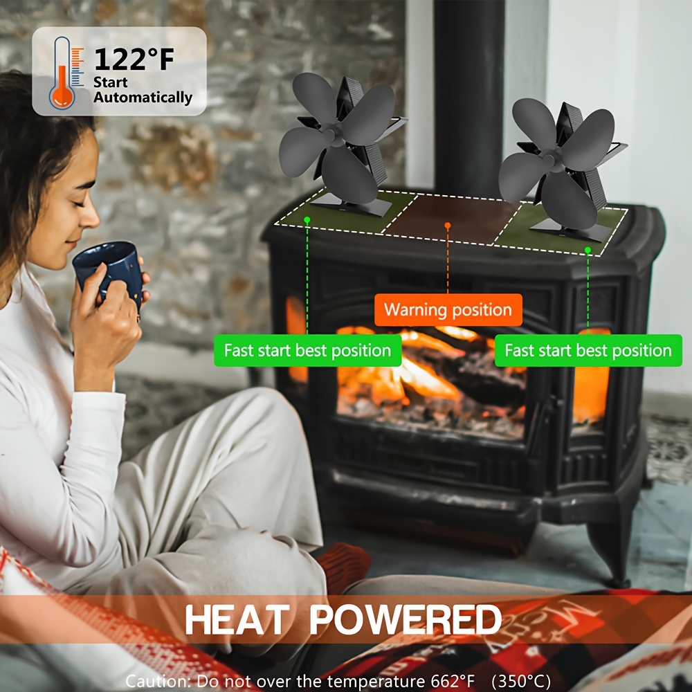 Ventilador de estufa alimentado por calor de 4 aspas, chimenea negra,  quemador de leña, respetuoso con el medio ambiente, silencioso,  distribución eficiente del calor en el hogar