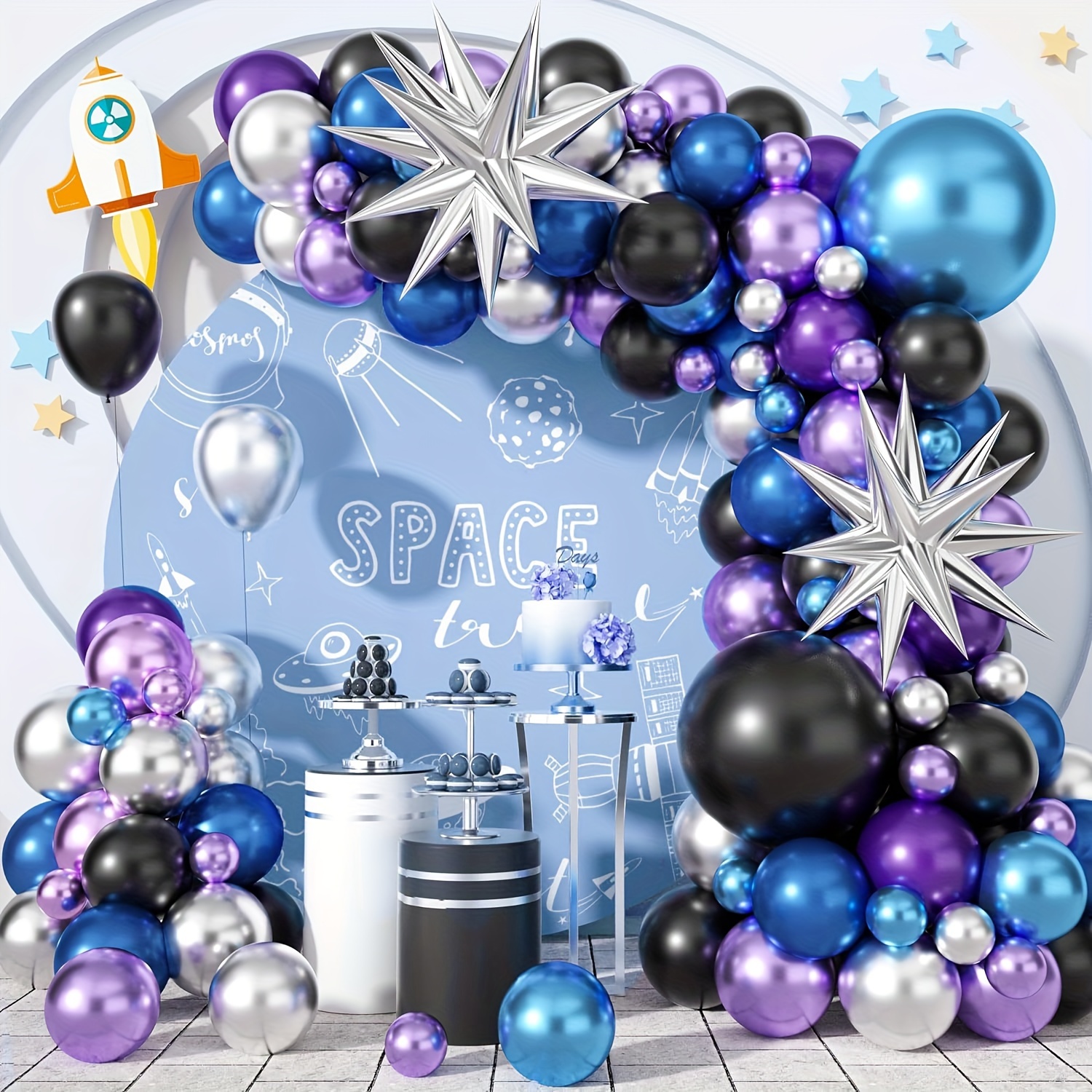 Juego de decoración de fiesta de cumpleaños de color azul dorado y  plateado, incluye pancarta de feliz cumpleaños, globos, cortina metálica  con