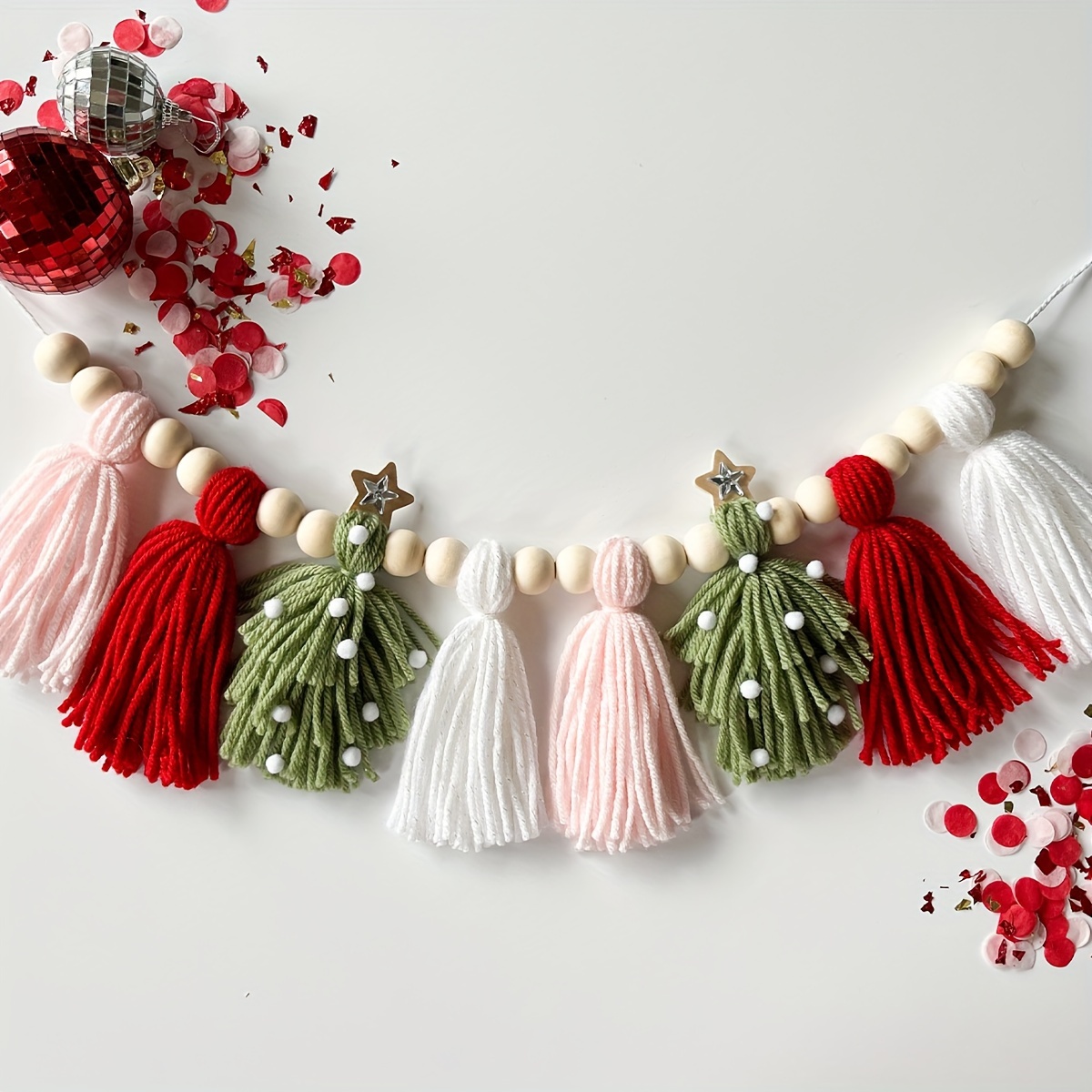 

Boho Christmas Tassel Garland - Festive Fabric Wall Hanging Decor In Pink, White, And Red With Wooden Beads And Christmas Tree Accents For Holiday Decoration, Unlit, Easy Wall Mount