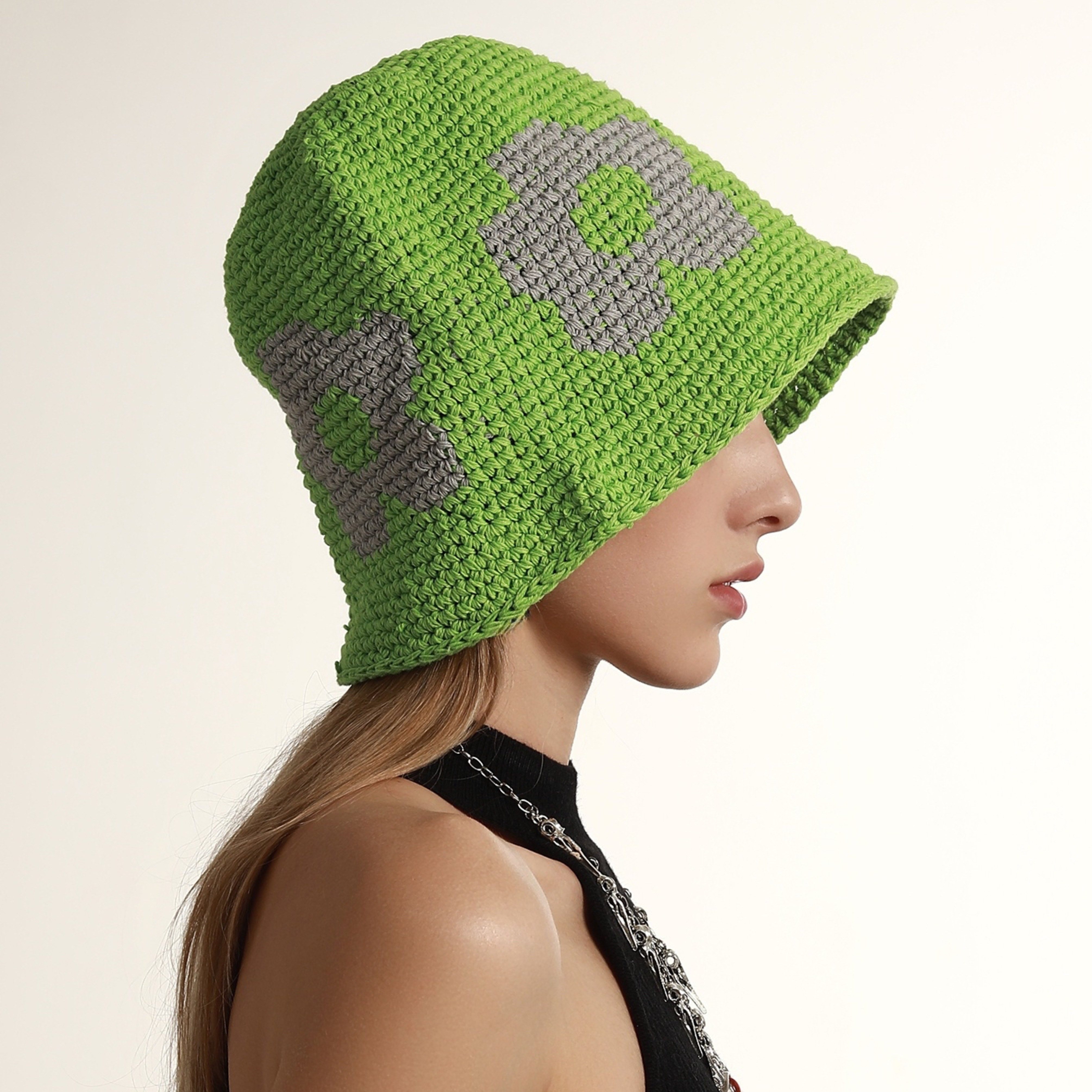Green Flower Crochet Bucket Hat Boho Vintage Color Block Cloche Hats  Windproof Fisherman Cap For Women Autumn & Winter