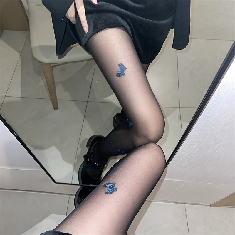 Women Pantyhose Butterfly Printed Sexy Sheer Thin Long Stockings