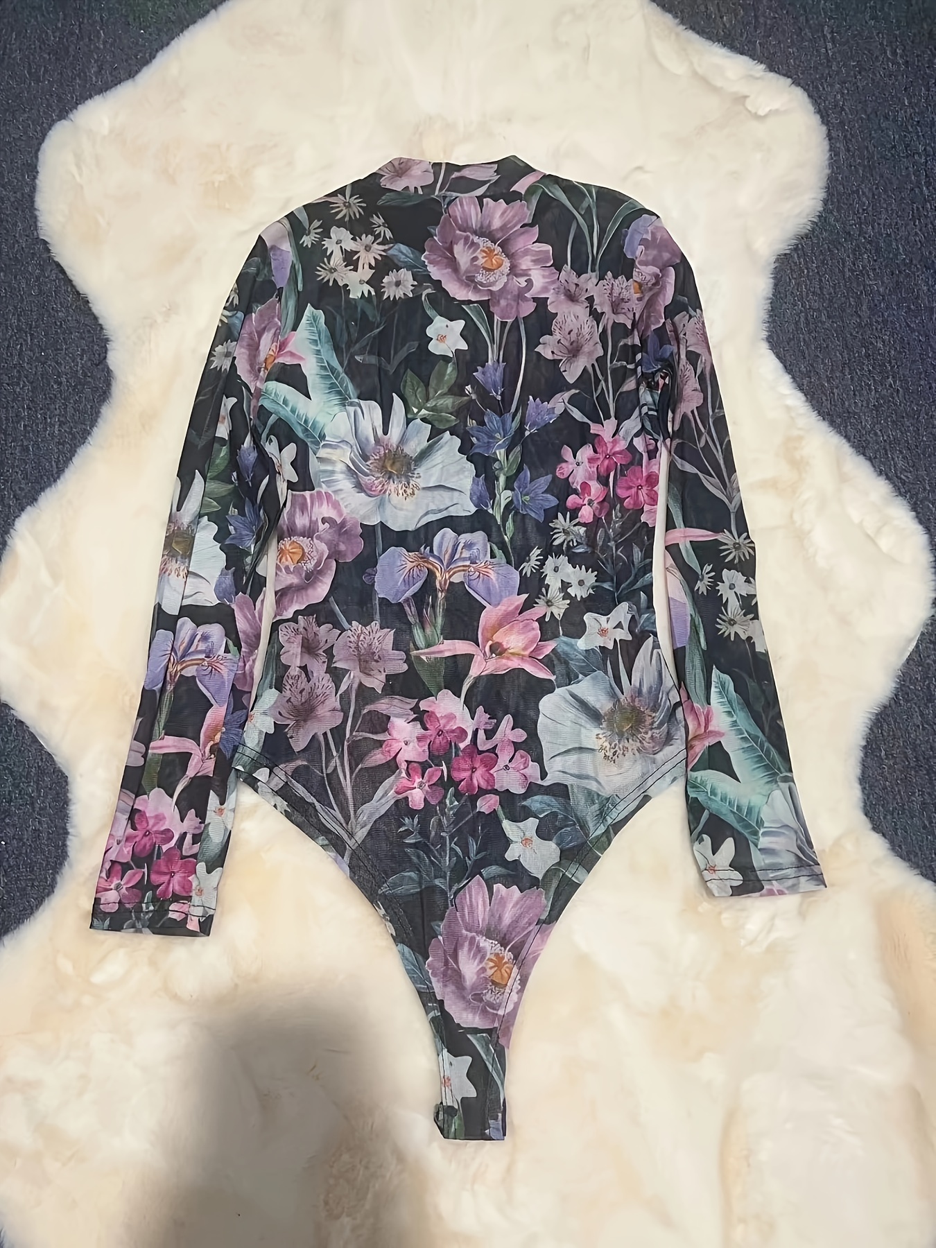 Floral Print Contrast Mesh Bodysuit Sexy Puff Sleeve Lace - Temu Canada