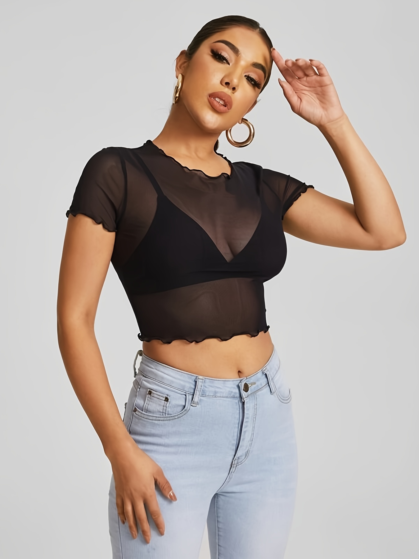  See-Through T Tops Crop Sheer Shirt Women's Short Casual Mesh  Sleeve Shirts for Boutique (White, XXL) : Clothing, Shoes & Jewelry