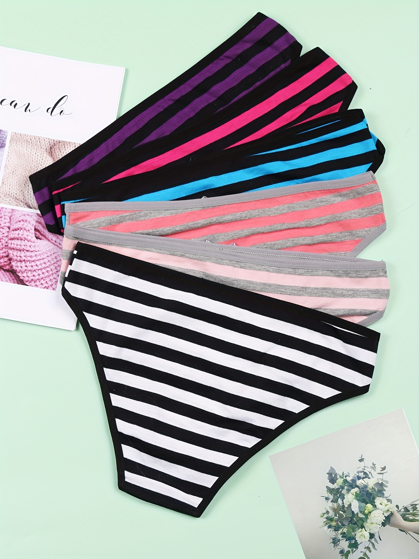 6 Pcs Striped Bow Tie Briefs, Comfy & Breathable Stretchy Intimates  Panties, Women's Lingerie & Underwear
