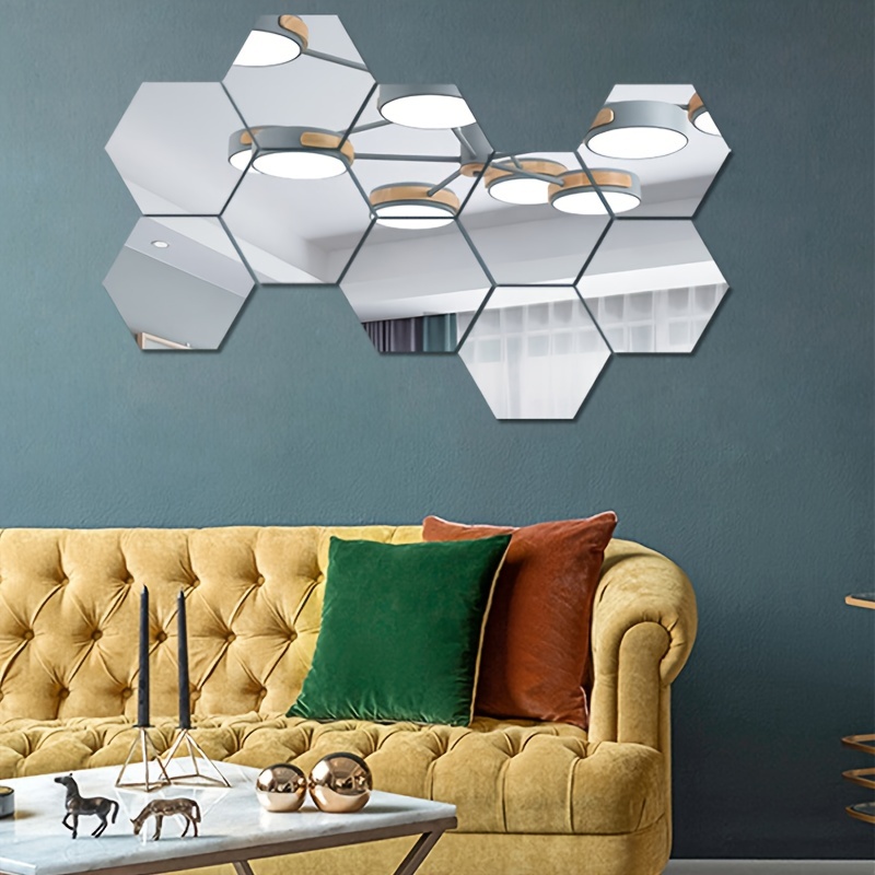 12pcs Acrylic Mirror Wall Stickers Self Adhesive Removable Hexagonal Decorative Mirror Sheet for Home Living Room Bedroom Decor, Size: Medium, Gold