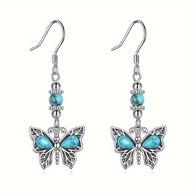 exquisite butterfly design turquoise inlaid dangle earrings bohemian elegant style alloy jewelry trendy female earrings 0