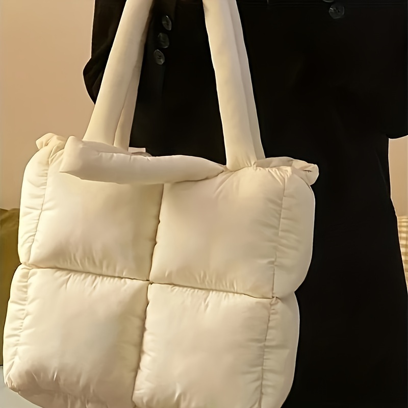 Puffer Quilted Tote Bag for Women, Trendy Padded Shoulder Bag, Simple Winter Padding Handbag,White,$15.19,Temu