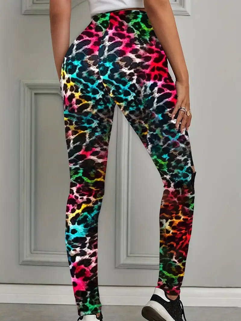 Ripped Colorful Leopard Leggings Sexy Lace Stitching High - Temu
