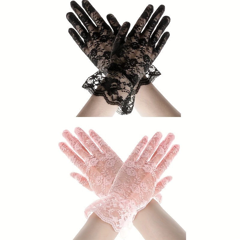 2 Paires de Gants Courts en Dentelle pour Femmes (Blancs et Noirs