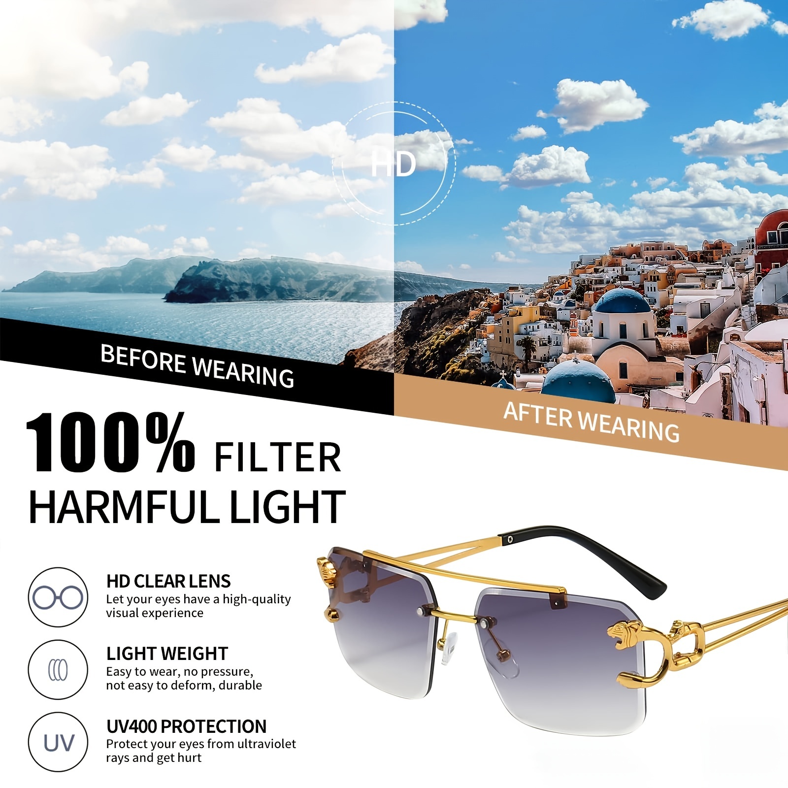 Men's Rimless Sunglasses Square Fashion Tinted Lens Metal Frameless  Rectangular Y2k Glasses Uv400 - Temu