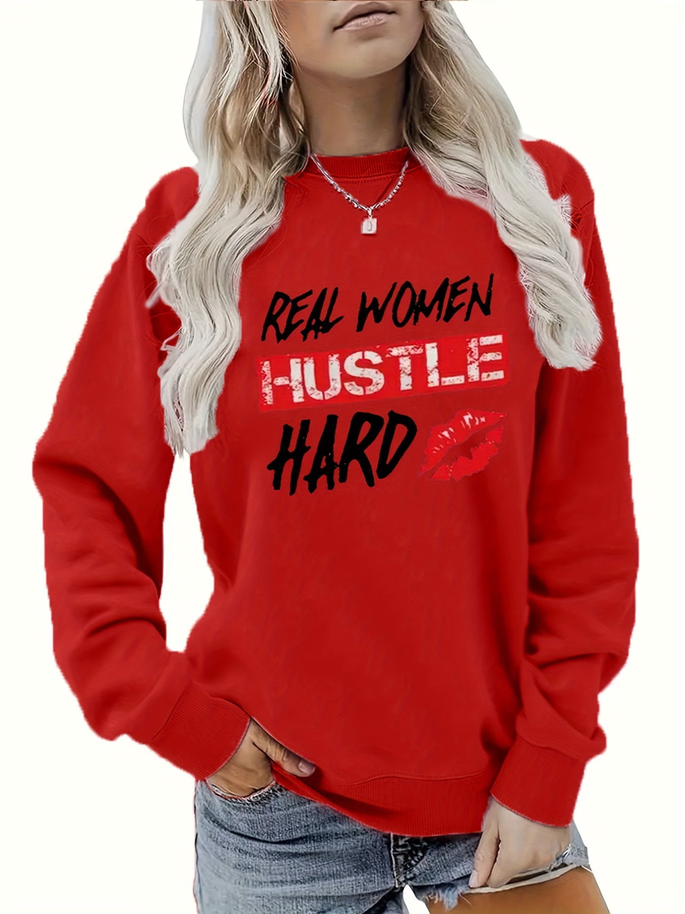 Plus Size Casual Sweatshirt Women's Plus Red Lip Slogan - Temu Denmark