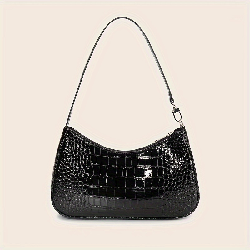 TEMU Minimalist Solid Color Baguette Bag, All-match Textured Underarm Zipper Bag With Crocodile Pattern