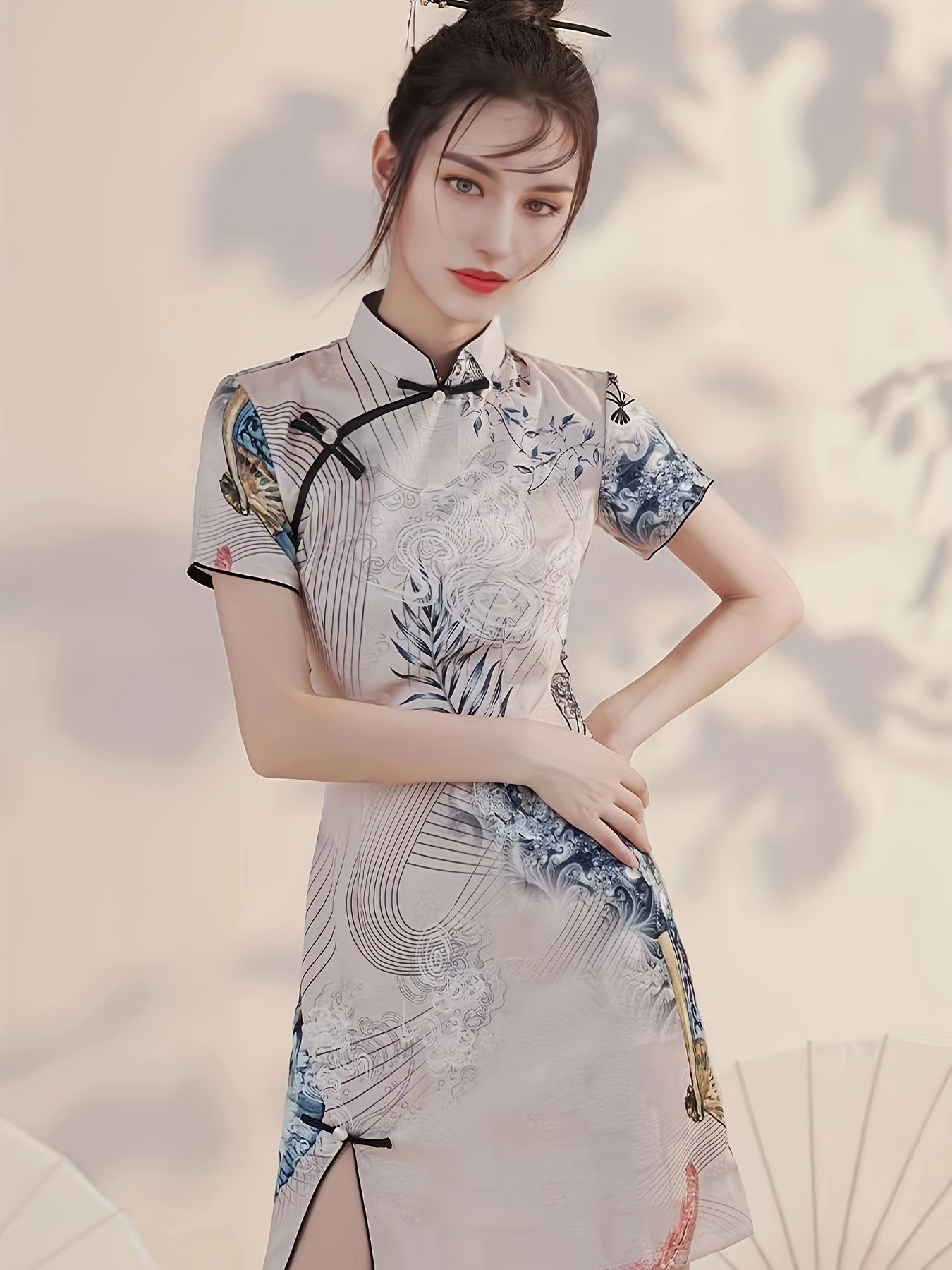 Plant Print Cheongsam Dress, Vintage Elegant Chinese Style Split Qipao  Dress, Women's Clothing