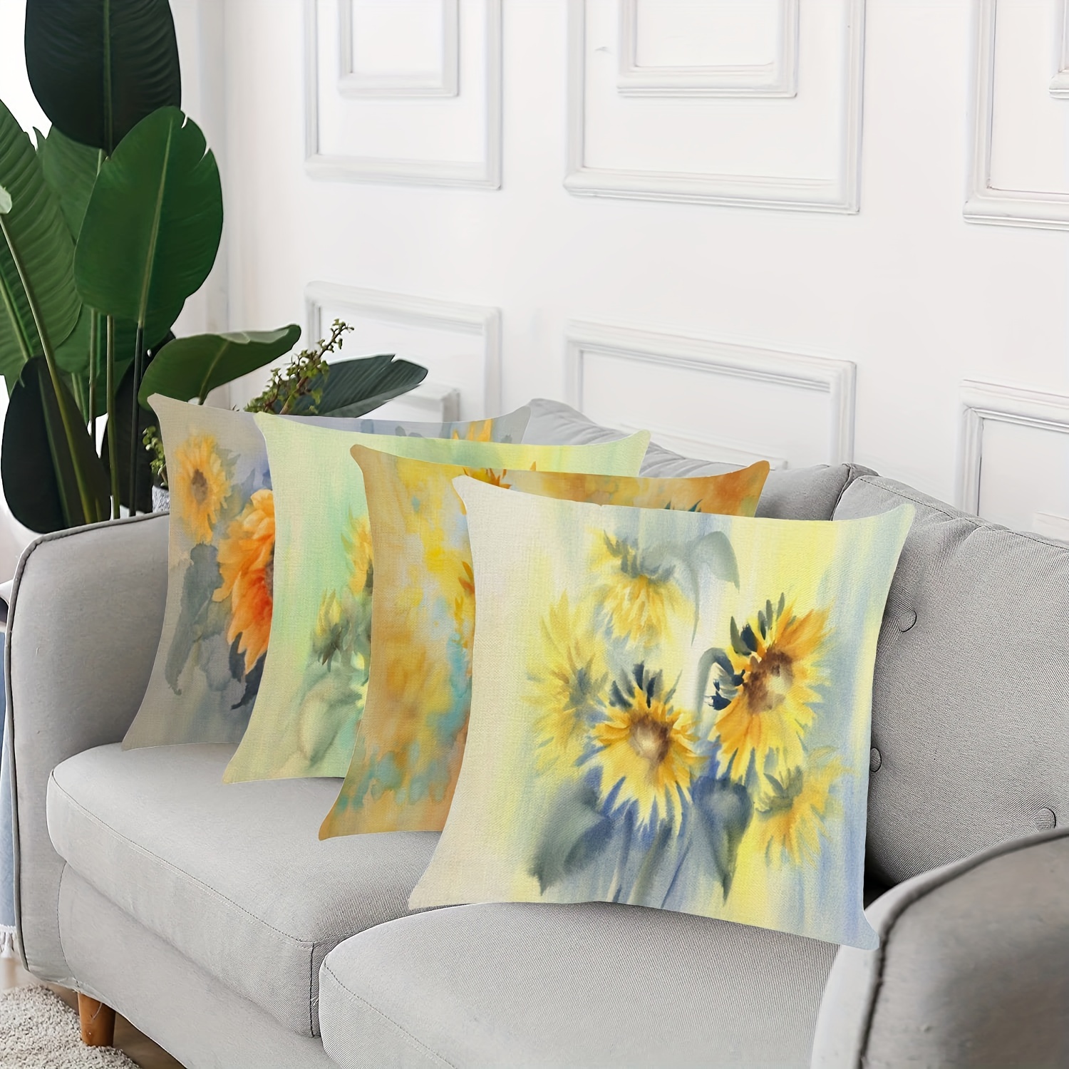 4pcs Sunflower Linen Cushion Covers, Yellow Printed Decorative Pillowcase  For Sofa, Living Room, Home Decor, 18x18 Inches (pillow Inserts Not  Included)