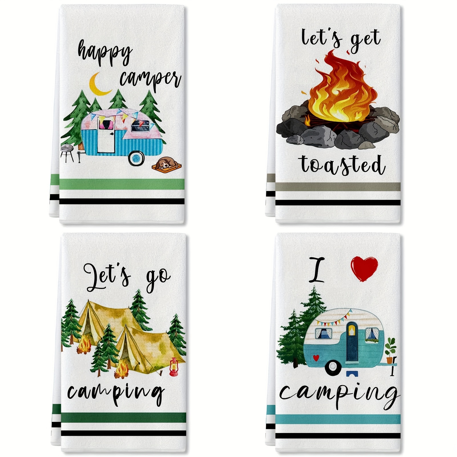 

2pcs, Hand Towels, Camping Theme Kitchen Towels, Decorative Happy Campers Camping Tent Pine Tree Pattern Scouring Pad, Farmhouse Rustic Dish Towels, Kitchen Supplies Home Decor