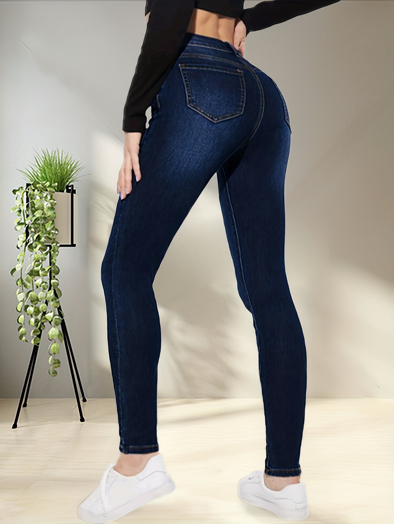 High Rolled Hem Skinny Jeans Light Blue Plain Design - Temu