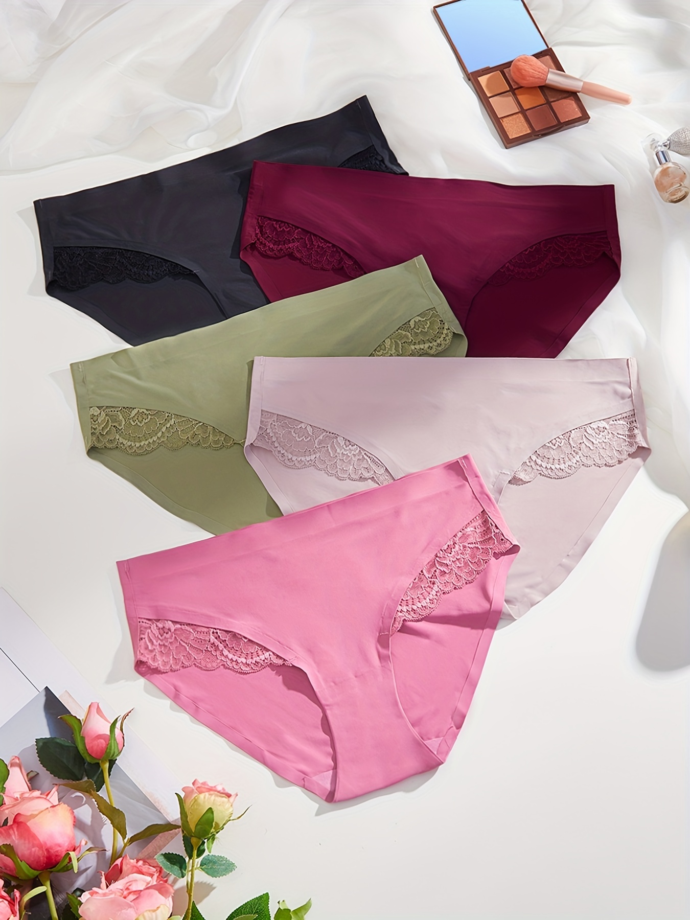 5pcs Contrast Lace Briefs, Comfy & Breathable Stretchy Intimates Panties,  Women's Lingerie & Underwear