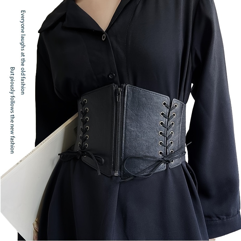 Vintage Lace Up Zipper Girdle Black PU Leather Elastic Wide Waistband  Classic Dress Coat Girdle Waspie Corset Belt For Women