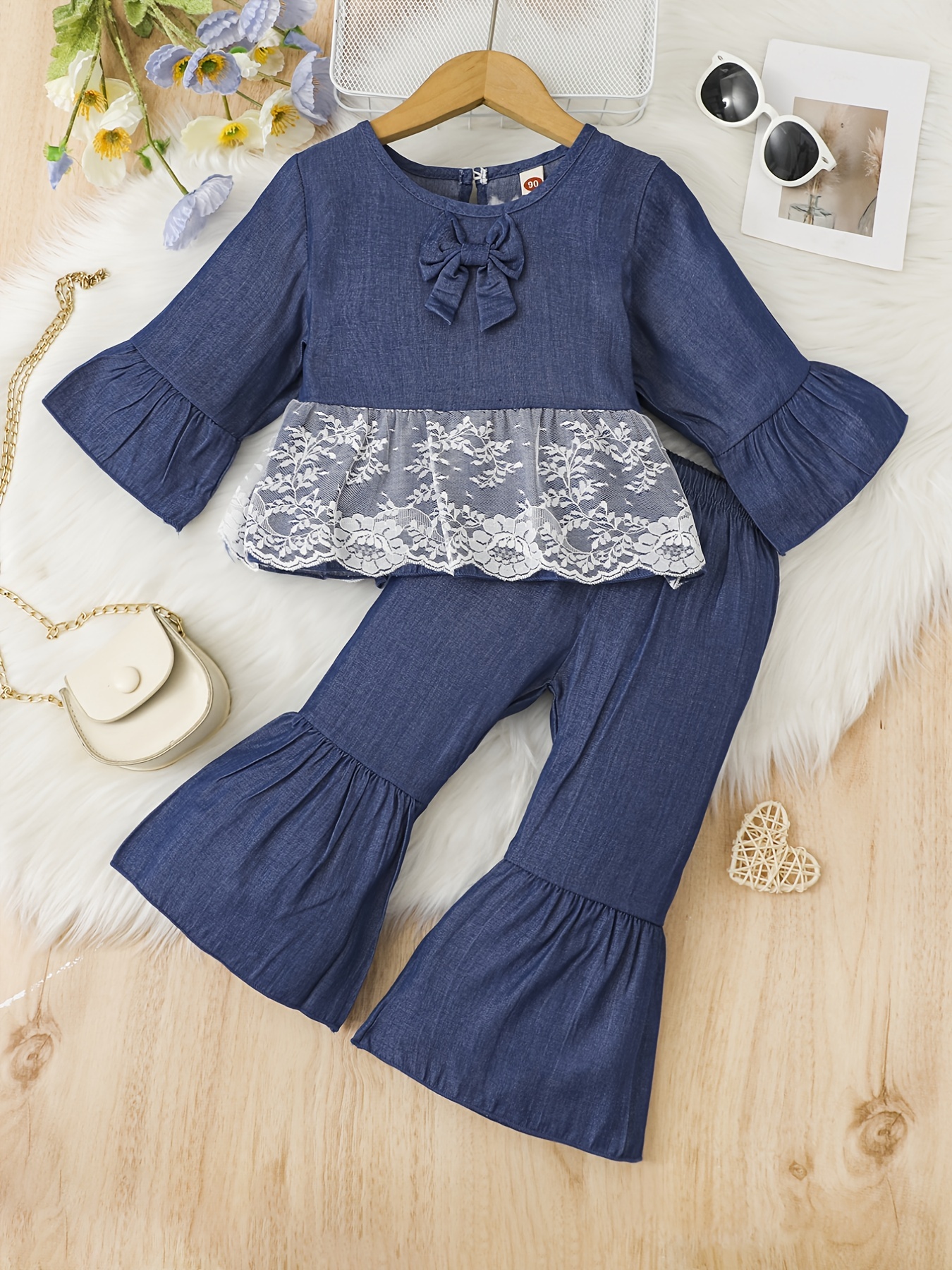 Girls Denim Lace Long Sleeves Top & Flared Pants Set, Coquette Style