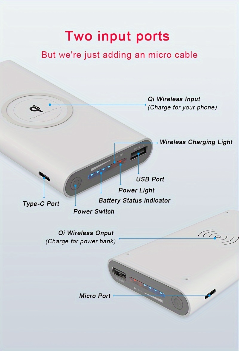 10,000mAh Qi Wireless Charging Power Bank