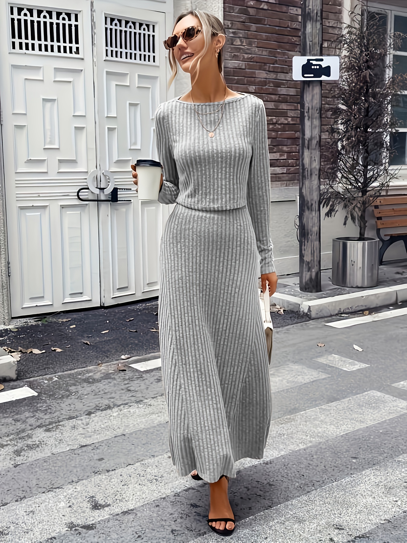 Casual Solid Two piece Set Crew Neck Long Sleeve Top Pleated - Temu