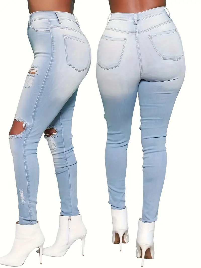 plus size casual jeans womens plus washed ripped button fly high rise high stretch skinny jeans details 1