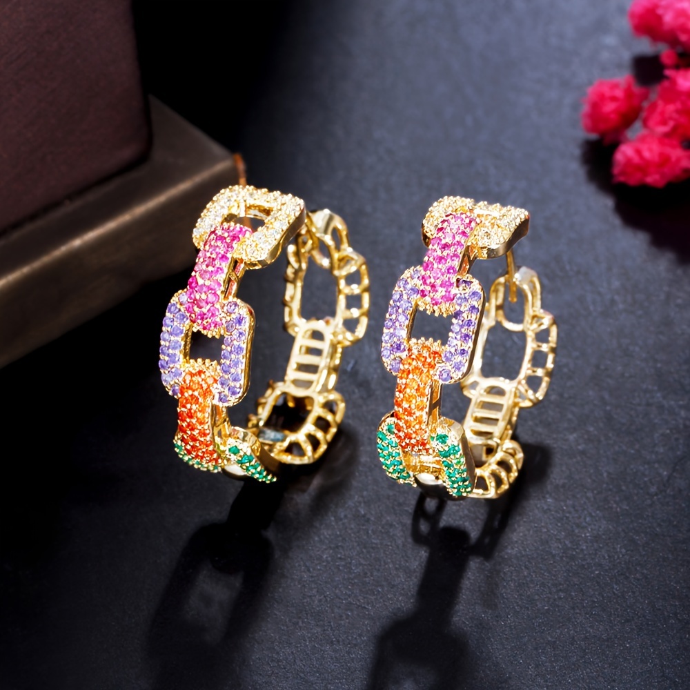 

Colorful Exquisite Chain Design Hoop Earrings Copper Plated Jewelry Zircon Inlaid For Women Party Earrings