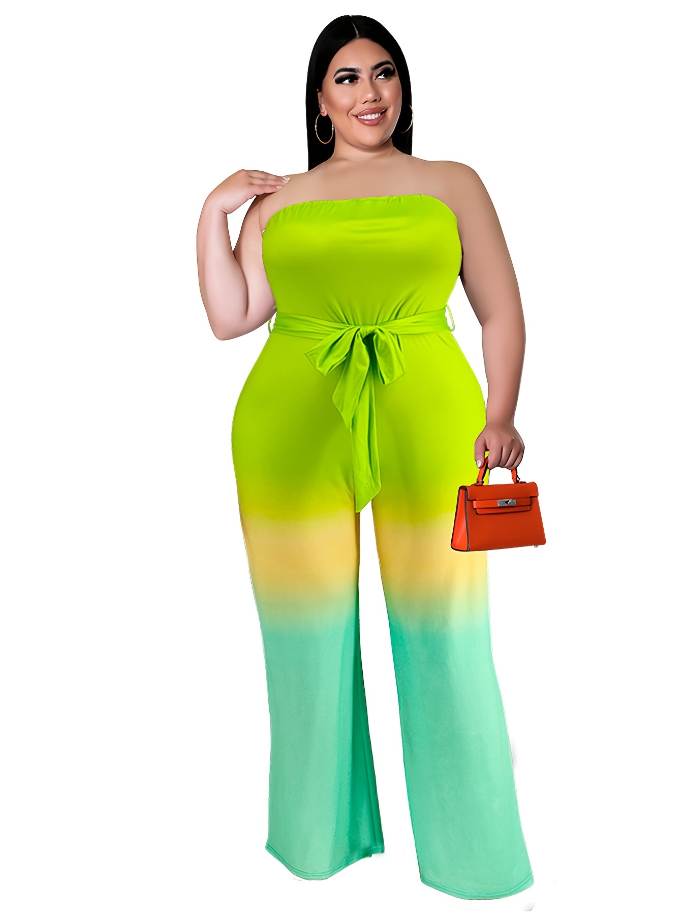 Plus Size Ombre Print Strapless Flared Leg Jumpsuit Belt - Temu Canada