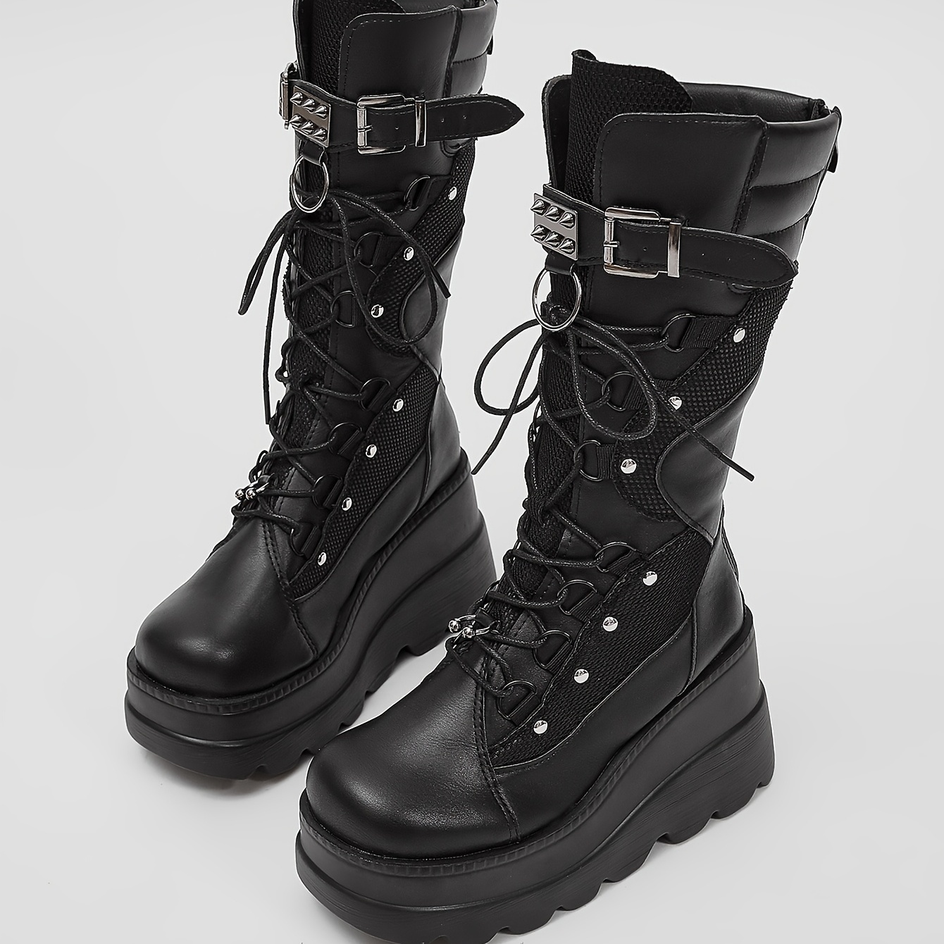 Women's Mid-Calf Boots with Rounded Toes and Decorative Laces - Dark Gray