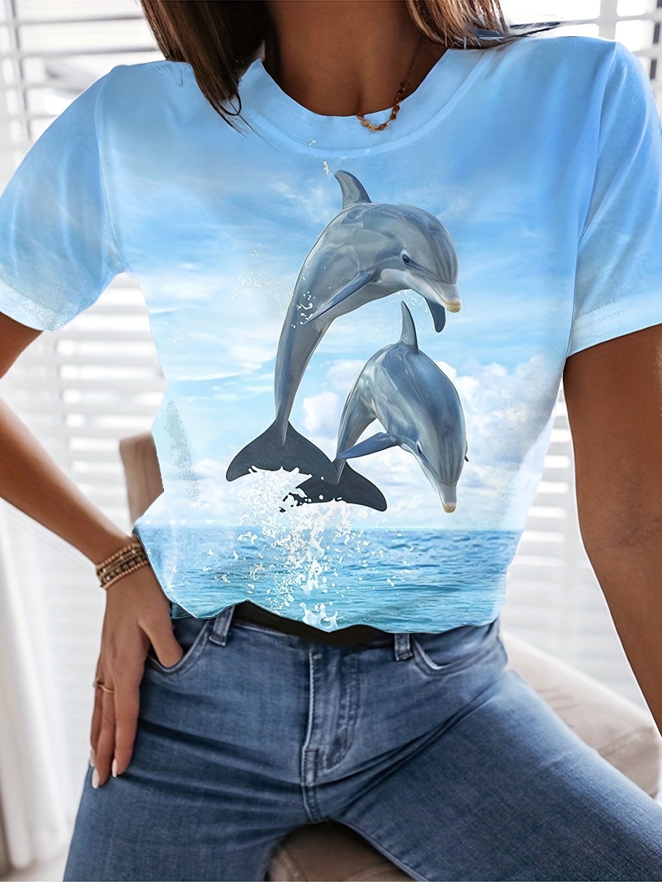 Dolphins with Doodle Splashes Men's Crew Neck T-Shirt Summer Casual Short  Sleeve T-Shirt for Men