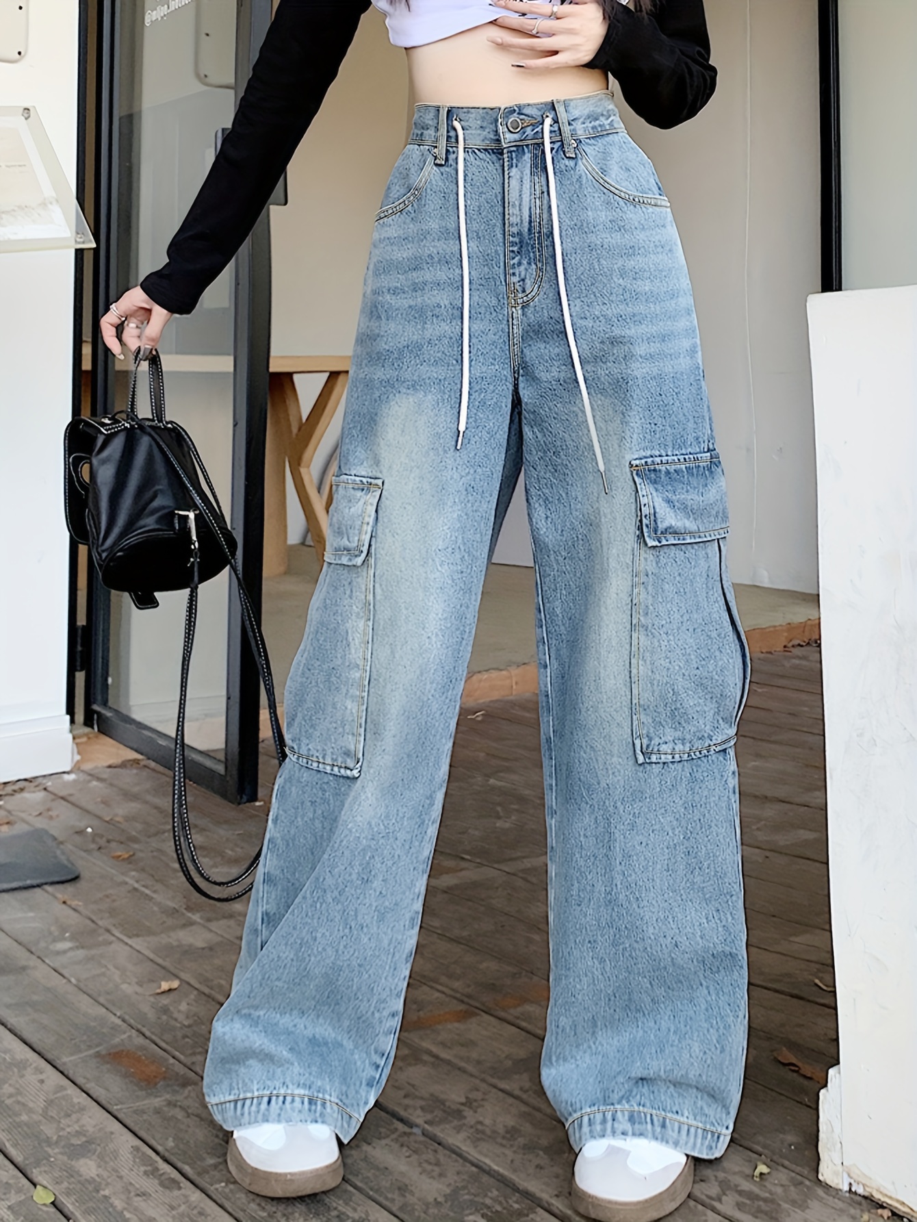 Pantalones vaqueros de pierna ancha sueltos con cordón en la cintura con  estilo informal para mujer…