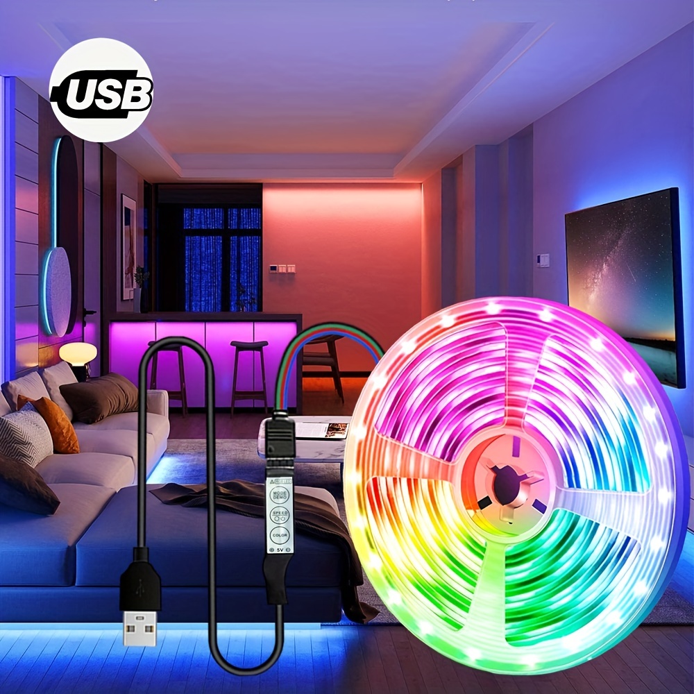 Tira de luz LED USB 5050 de 16.4 ft, 5 V, RGB 5050, lámpara de decoración  con control remoto de 24 teclas para decoración del hogar, sala de estar