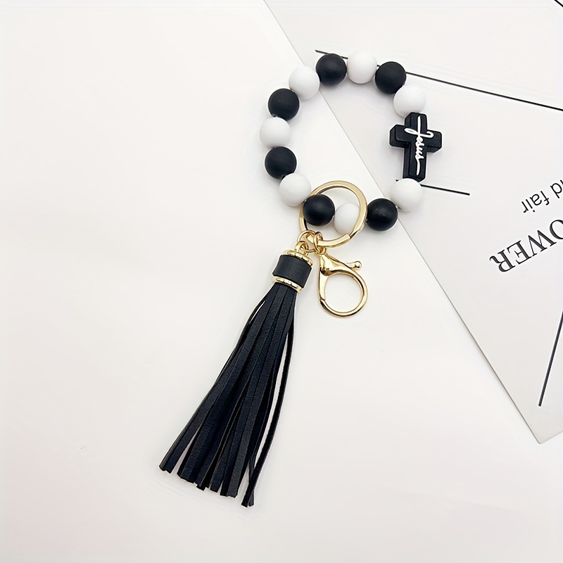 one cross silicone rubber paint round bead bracelet keychain k428 black metal silicone bead 14