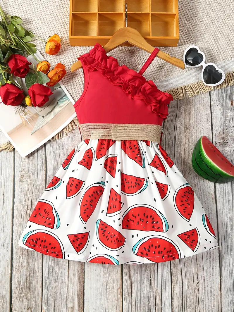toddler girls asymmetrical neck ruffle trim one shoulder sunflower graphic belted princess dress for party beach vacation kids summer clothes details 9