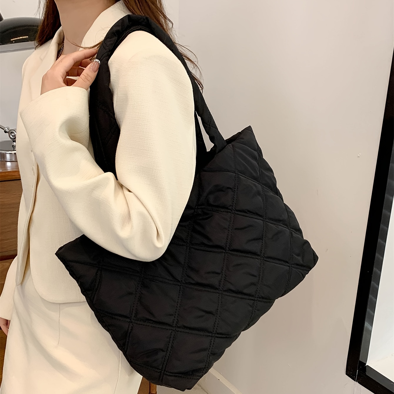 Large Capacity Minimalist Tote Bag - Quilted Padded Shoulder Bag, Solid  Color Nylon Handbag - Temu