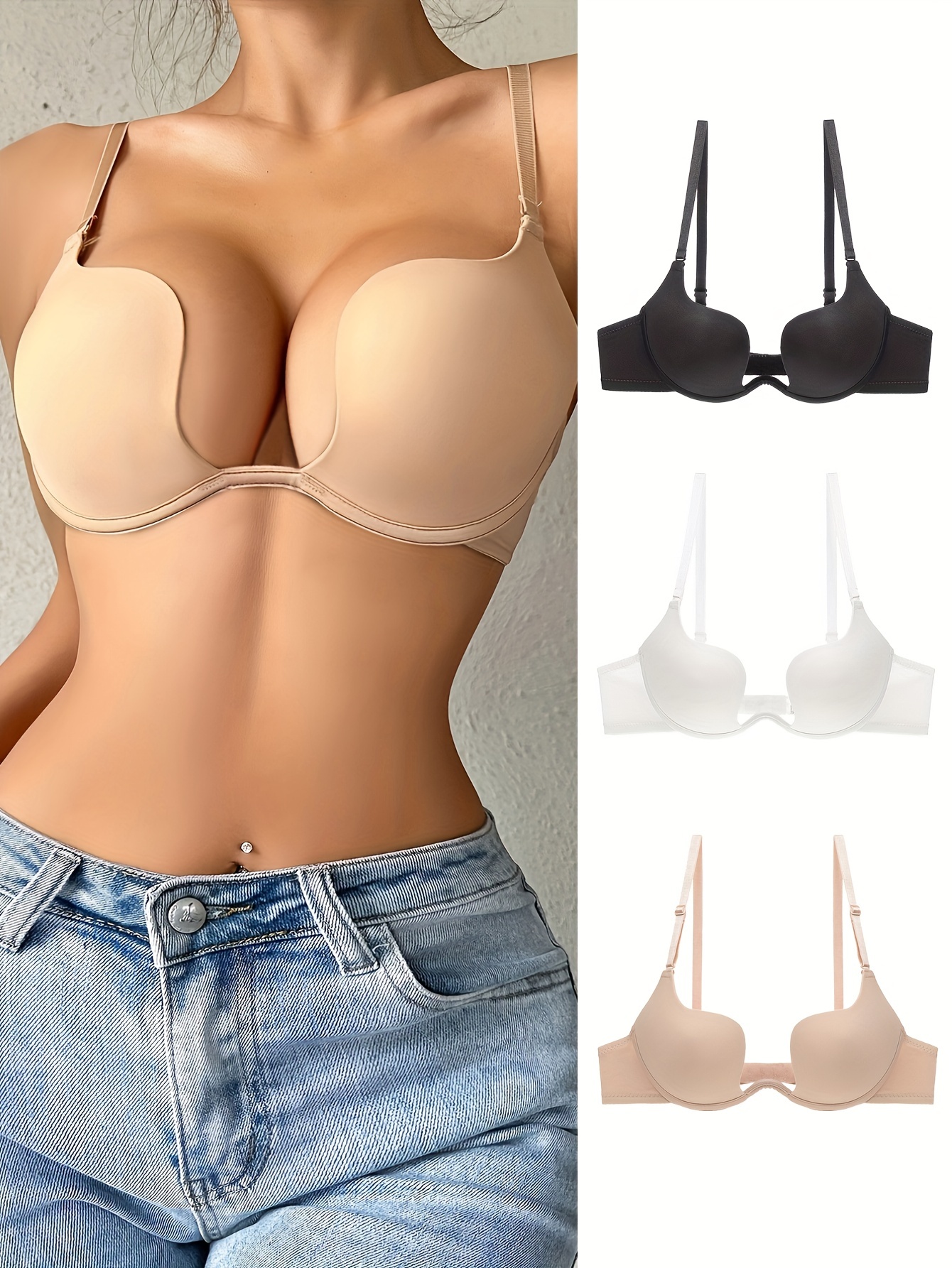 3pcs Simple Solid Scoop Bras, Comfy & Breathable Push Up Bra, Women's  Lingerie & Underwear
