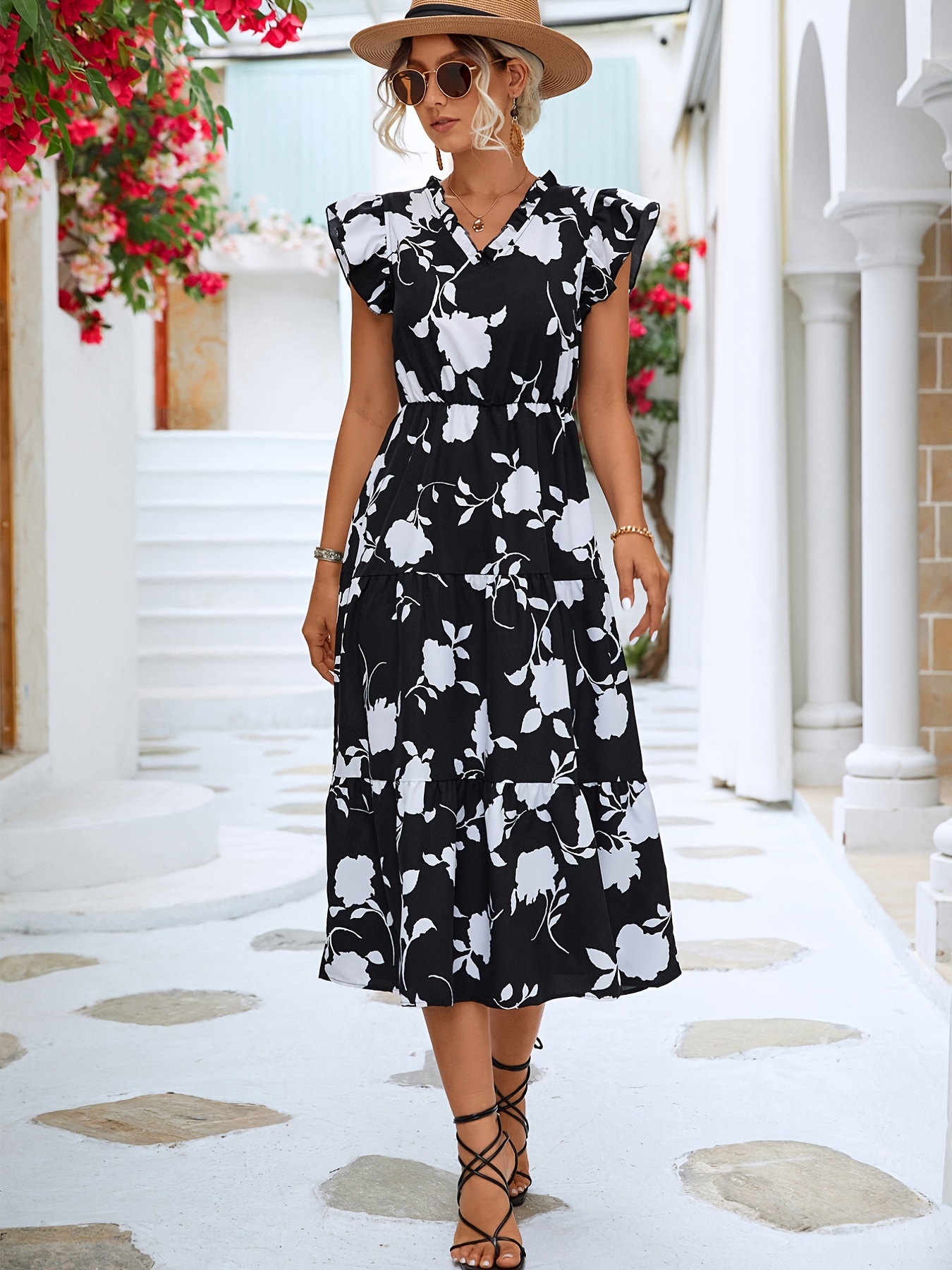 Floral print v neck cheap dress