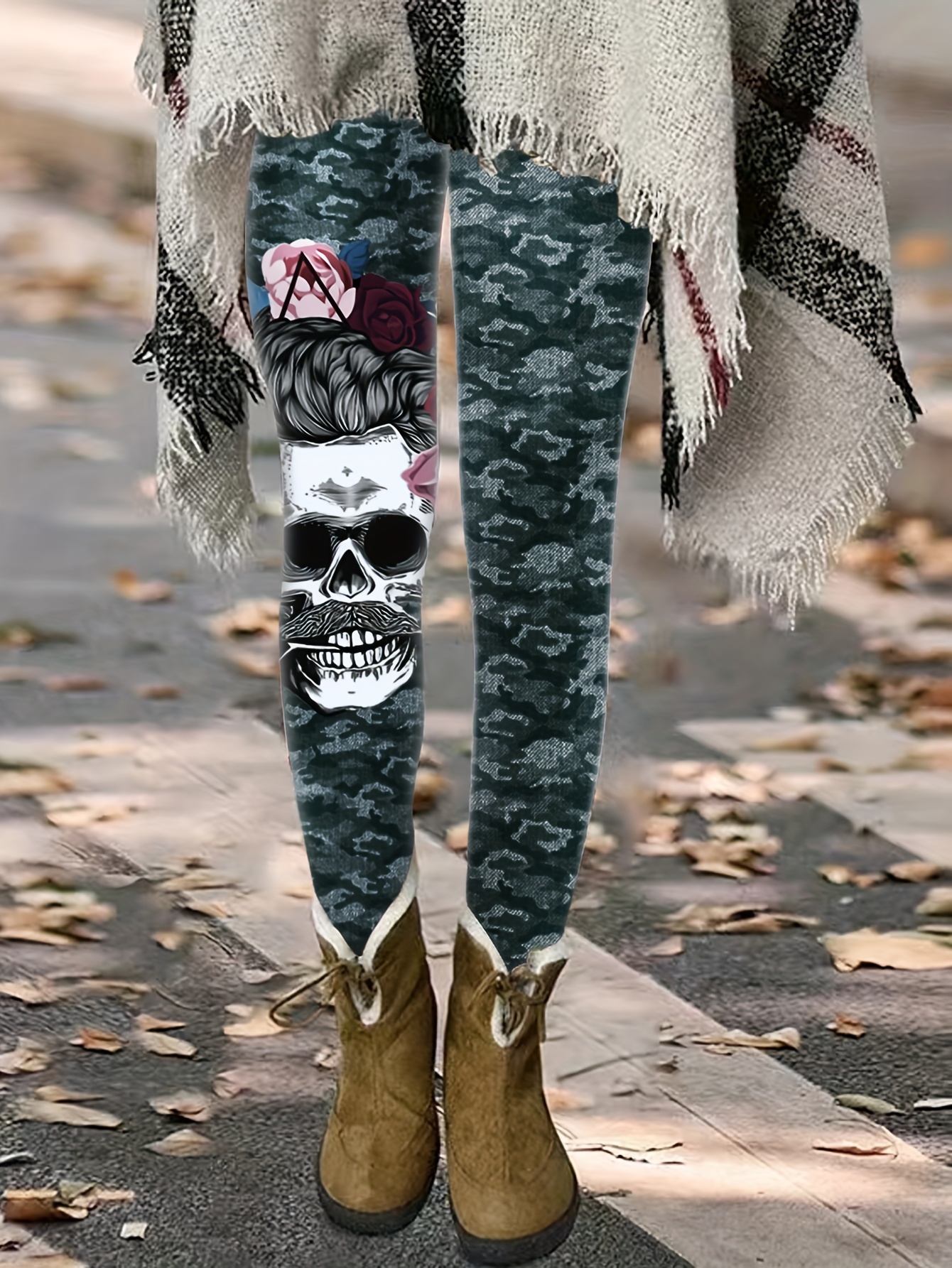 Gothic Skeleton Print Halloween Leggings Vintage Slim Long - Temu