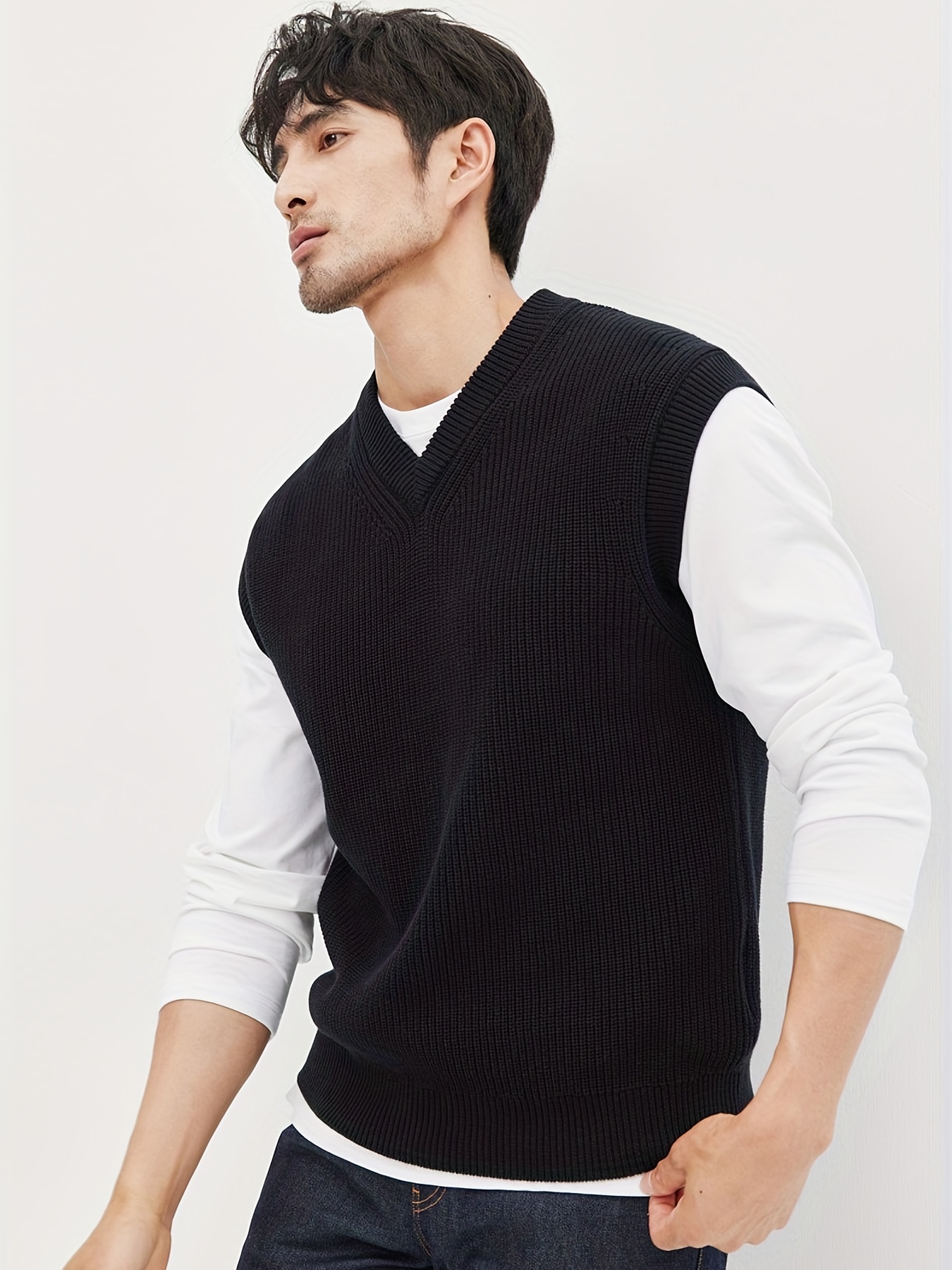 Solid V Neck Knitted Vest Casual Sleeveless Versatile - Temu