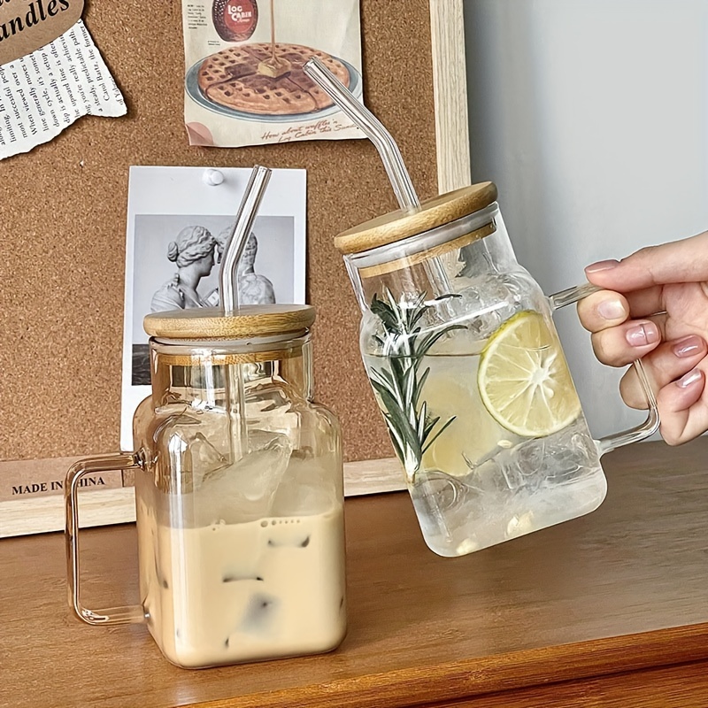 Drinking Glass Mugs with Bamboo Lids and Straws 470ml Drinking Jar