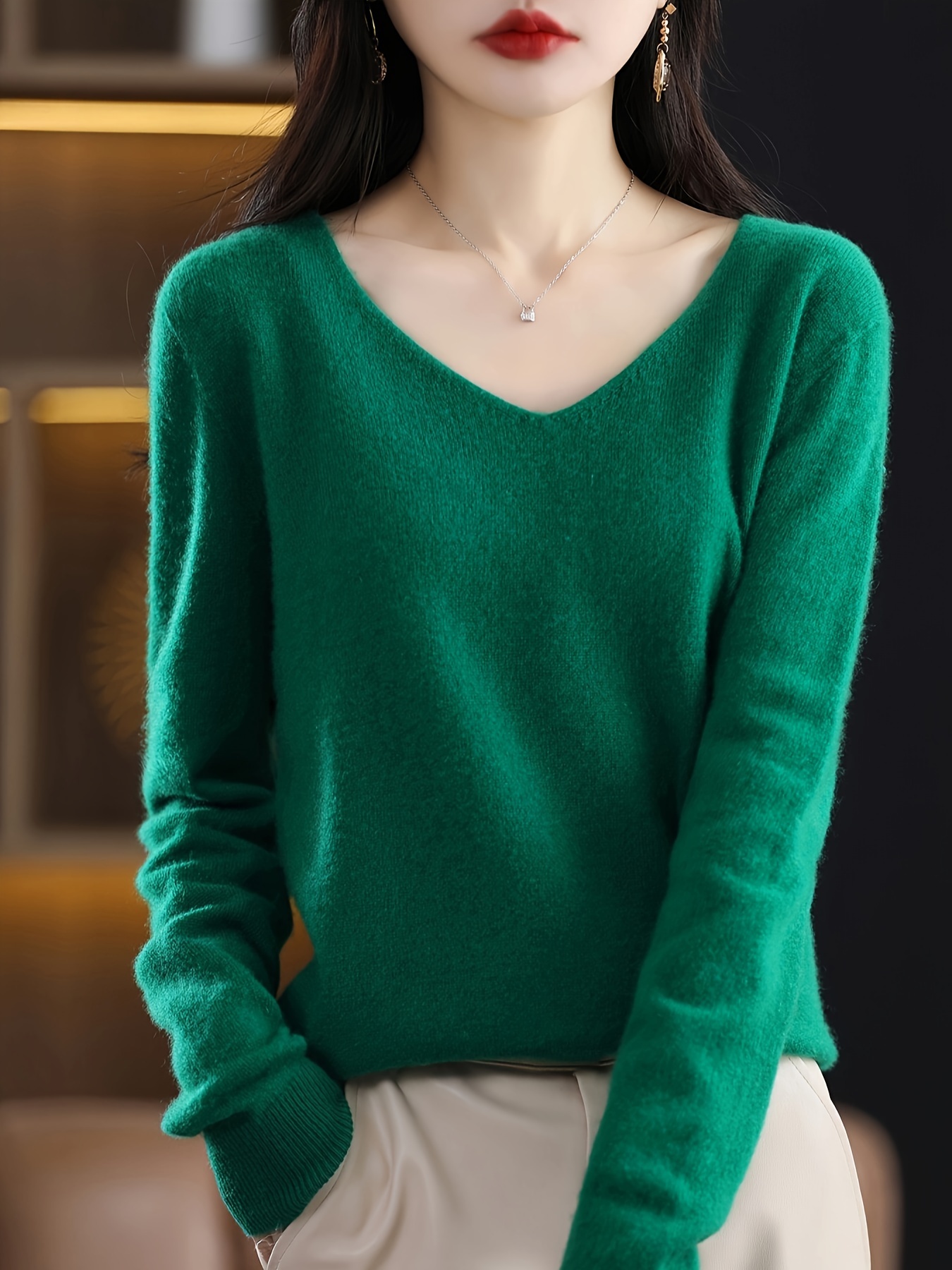 Solid Simple Knit Wool Sweater Elegant V Neck Long Sleeve - Temu