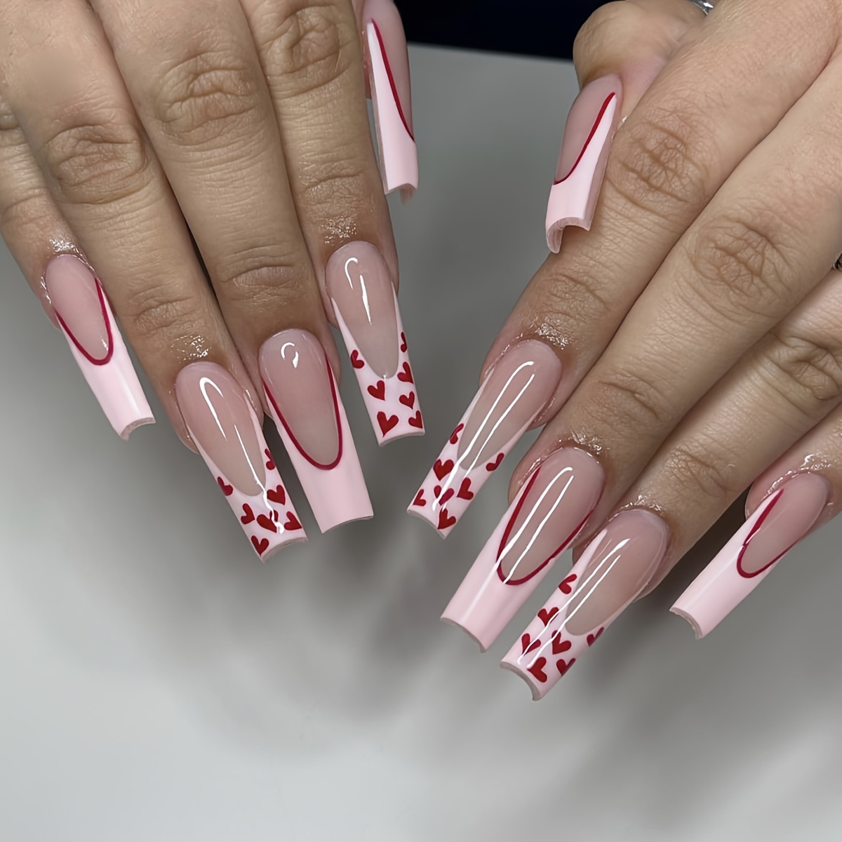  Square Press on Nails Long French Tip Fake Nails Pink Acrylic  Nails with Love Pearl Ring and Bow Designs Glue on Nails Strawberry False  Nails Valentine's Day Stick on Nails for