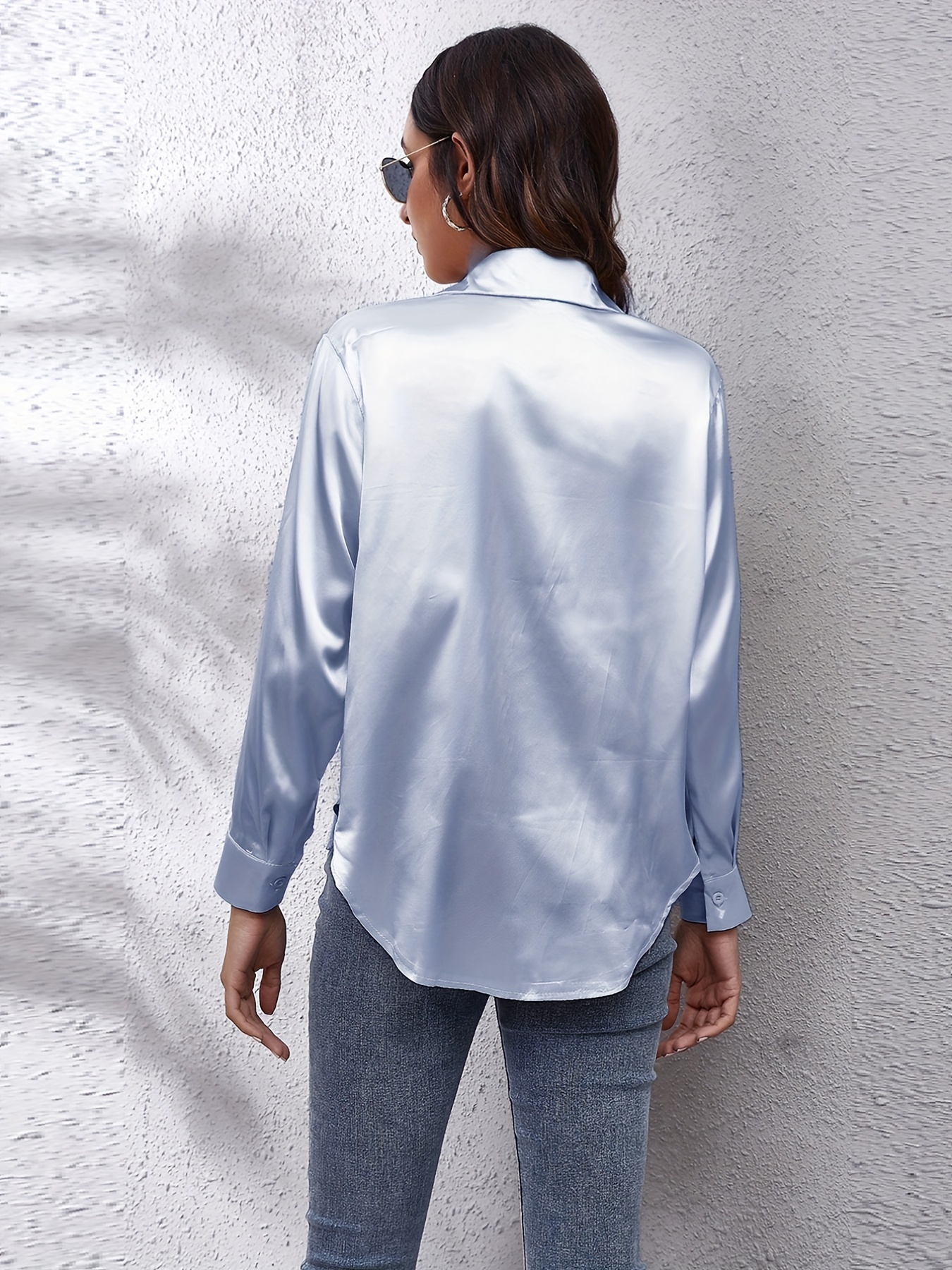 Solid Color Long Sleeve Button Tops Business Casual Blouses - Temu