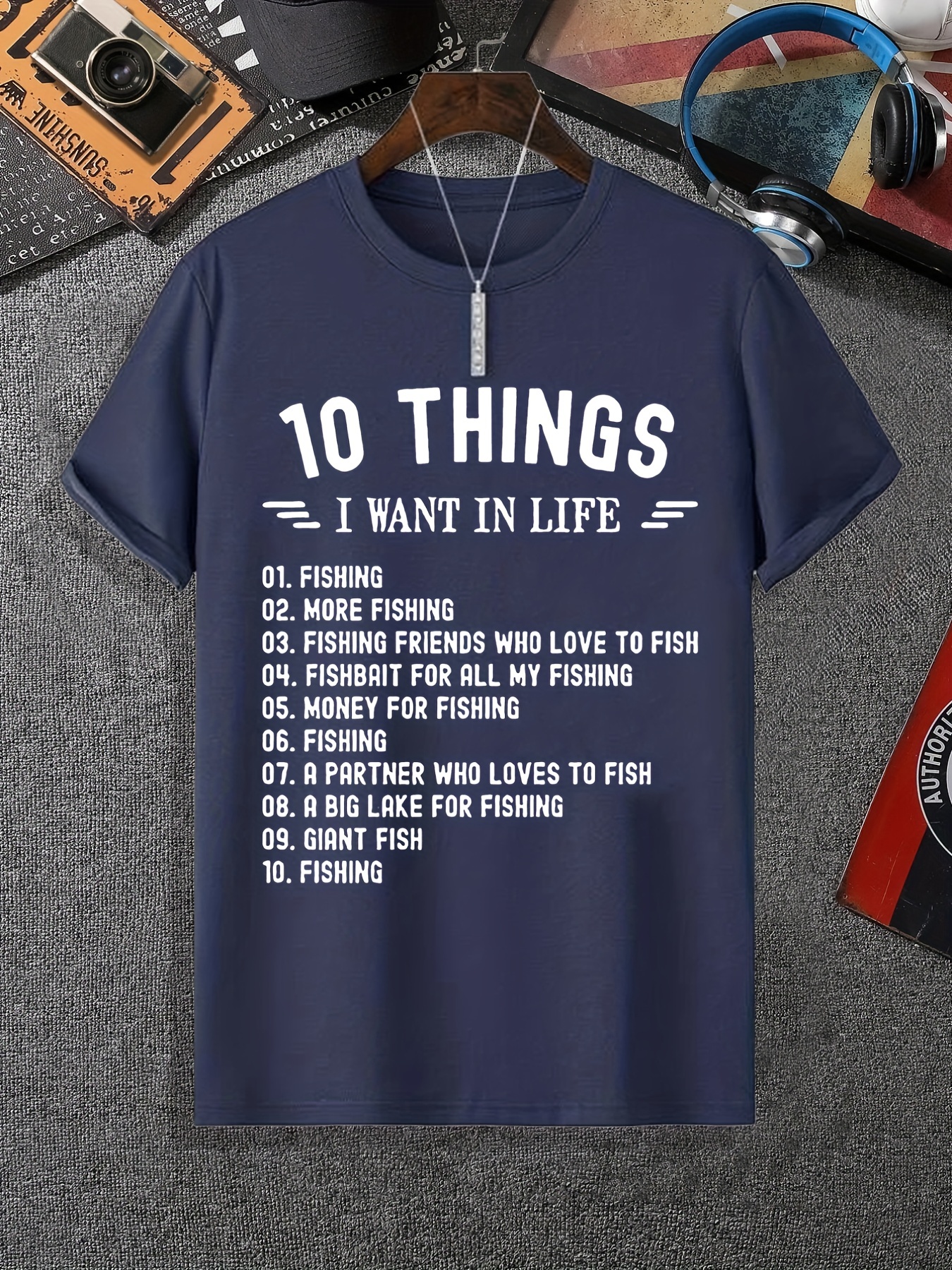 10 Things I Want in Life Fishing Print Men's Fun Casual Short Sleeve Crew Neck T-Shirt, Fashion Graphic Tee Loungewear Pajamas Top Summer Men's