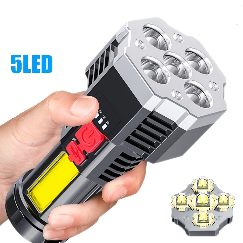 1pc 5LED COB Portable Flashlight - ABS Lightweight USB Rechargeable 4 Modes Torch Cob Side Light for Camping, Hiking and Fishing