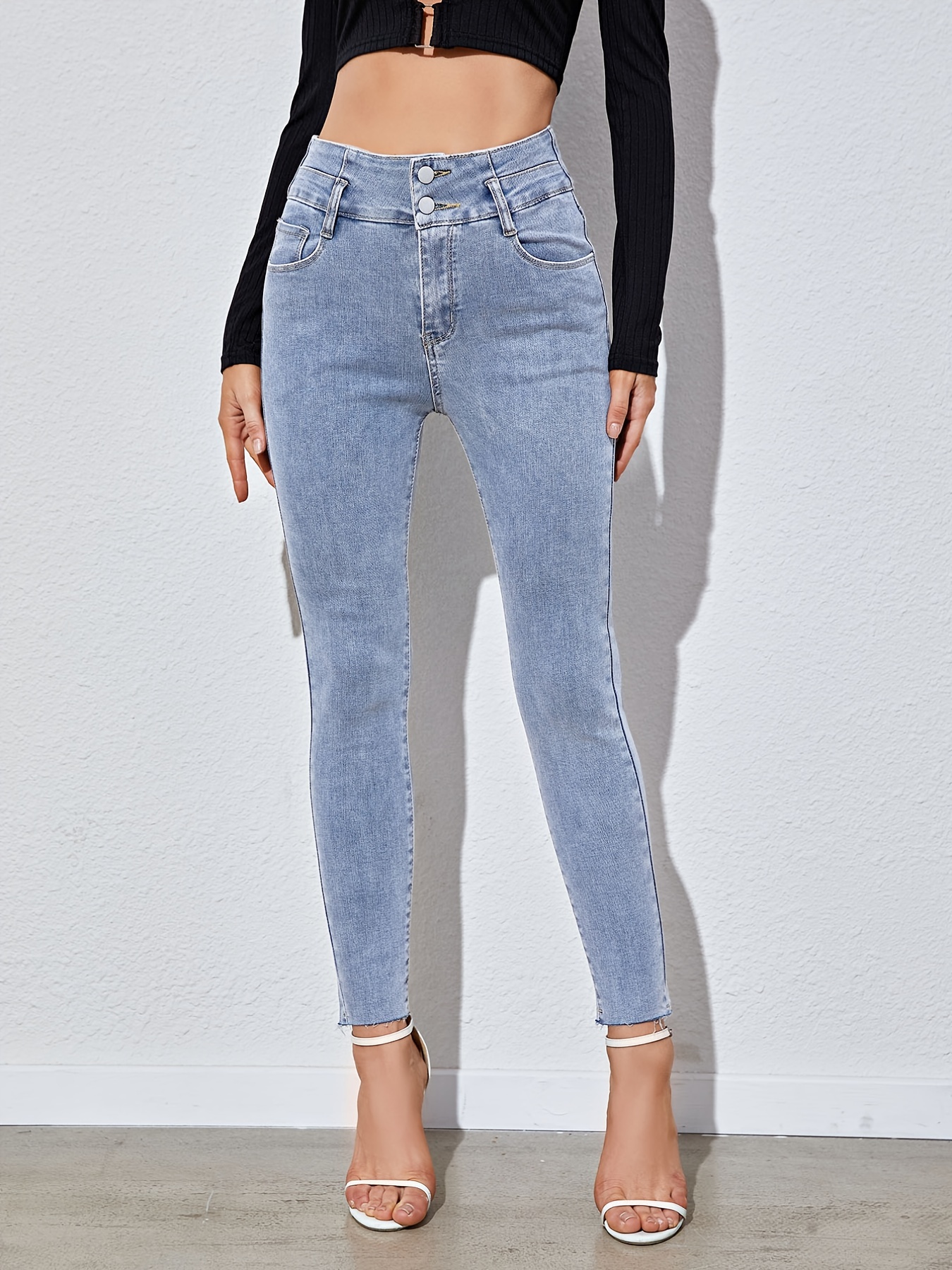 Double Button High Mom Jeans Light Washed Blue Slash - Temu Mexico