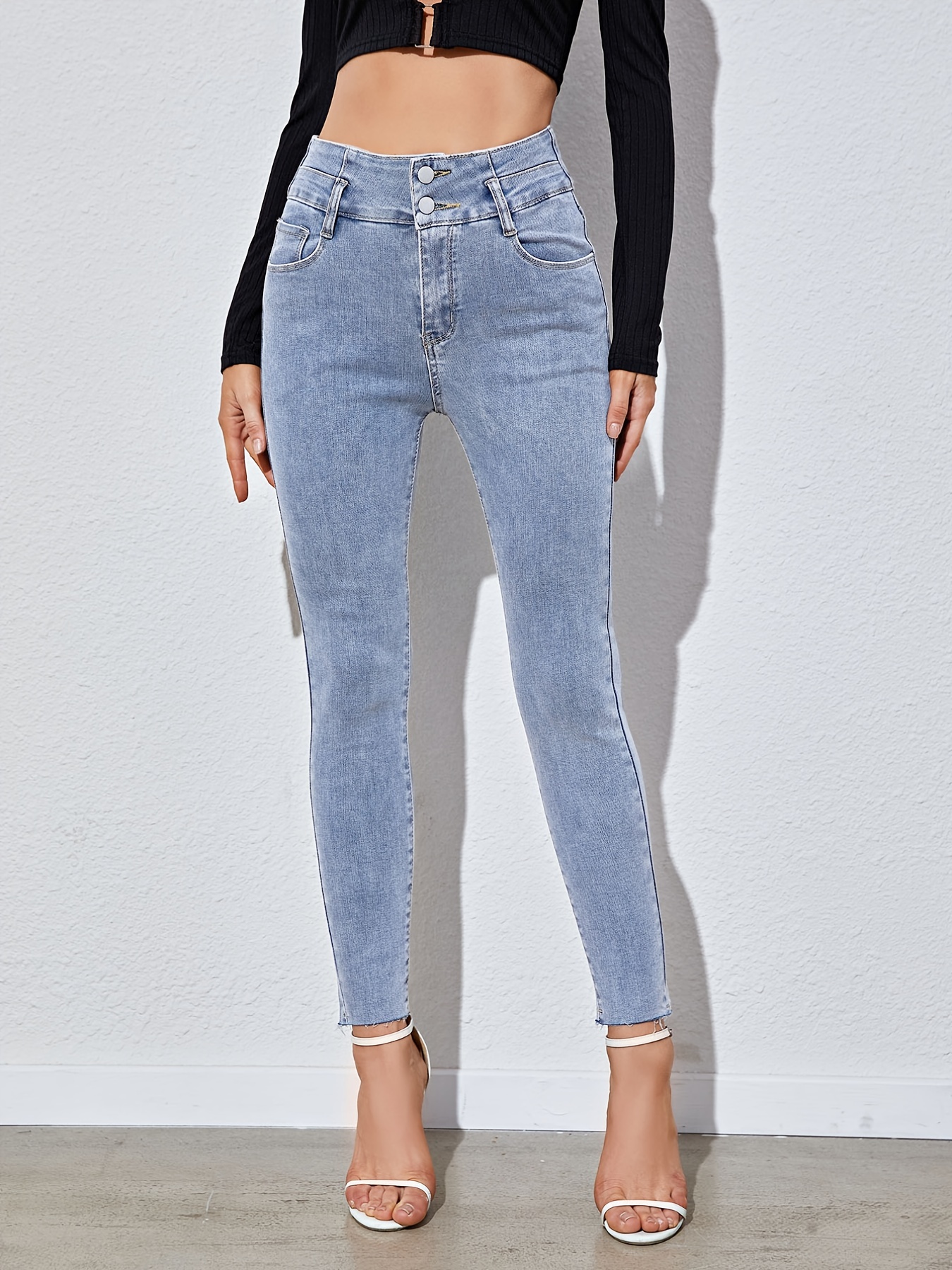 High * Washed Grey Skinny Jeans, Cropped Stretchy Tight Fit High Waist  Denim Pants, Women's Denim Jeans & Clothing